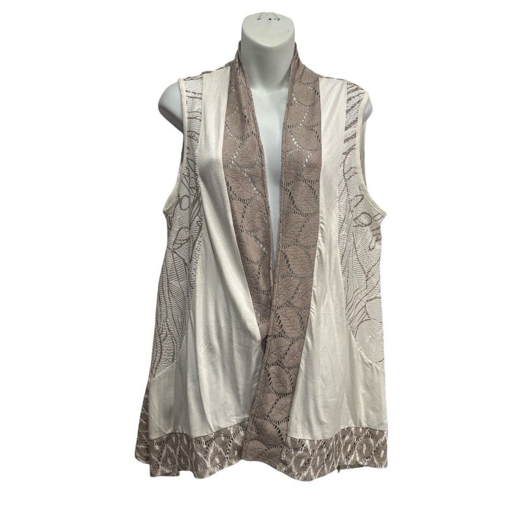 Chico’s Size 2(Size 12/L Sweater Vest Ivory Tan Open Thin Rayon/Spandex Texture